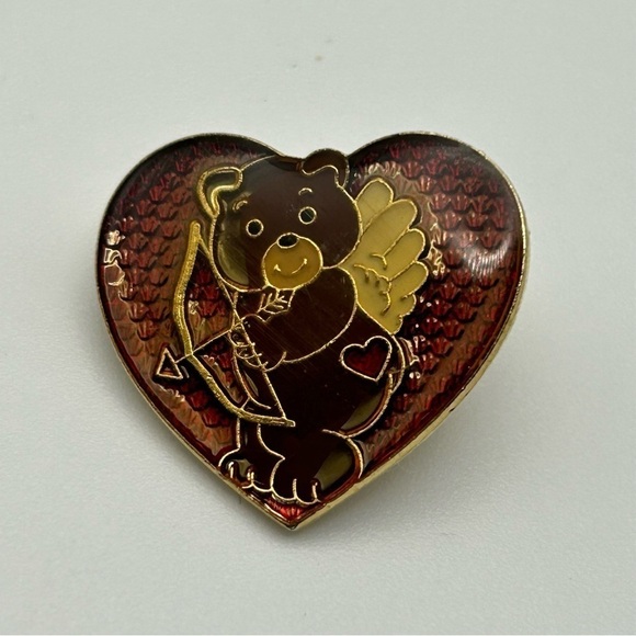 Small Brown Cupid Bear with Arrow and Angel Wings in Red Heart Shaped Enamel Pin - Picture 2 of 7